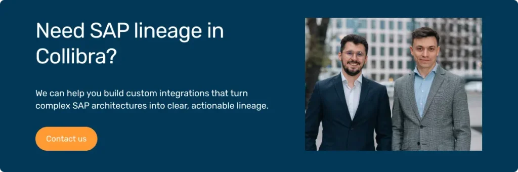 Custom Collibra SAP lineage banner with two consultants and integration service message.