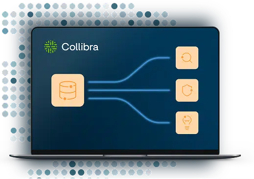 Collibra platform displaying data lineage flow from database source to analytics, search and governance features