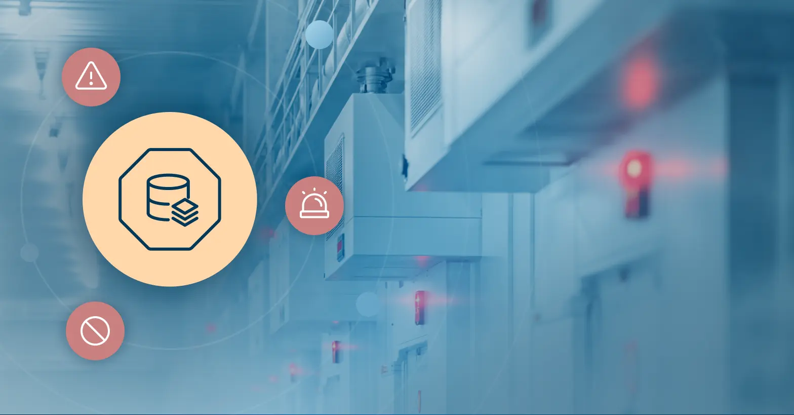 Manufacturing facility with data and alert icons representing data quality monitoring in production