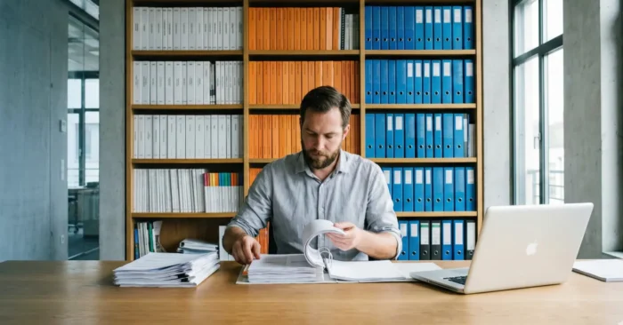 A man looking through files of paper documents illustrating an article about Unstructured data problems