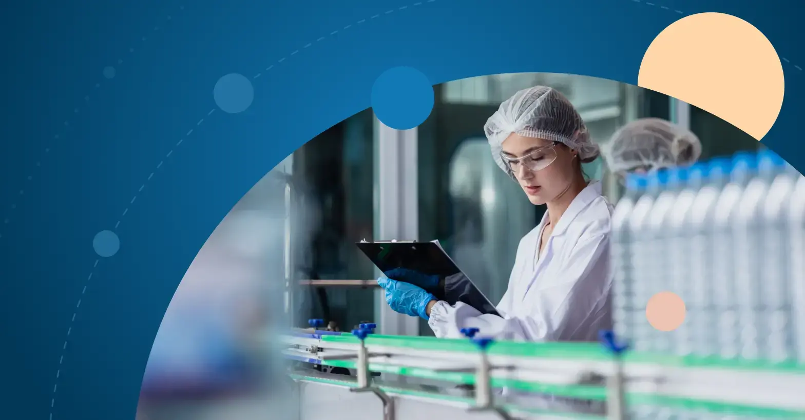 Data analyst in laboratory reviewing clipboard near automated production line for Collibra trusted reporting and adoption case study.