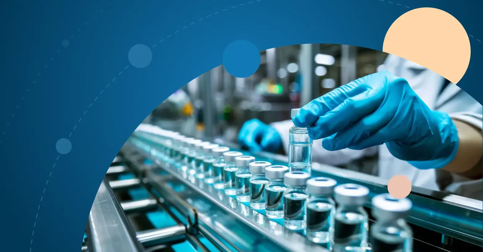 Gloved technician placing vial on automated production line representing Collibra adoption solution architect case study.