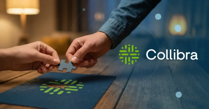 Hands placing a puzzle piece into a board with the Collibra logo, symbolizing a Collibra reseller partnership.