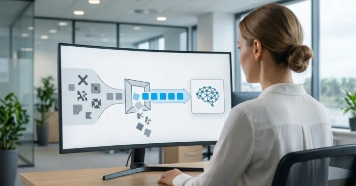 Bank employee reviewing AI-powered data quality process and data filtering workflow on a computer screen.