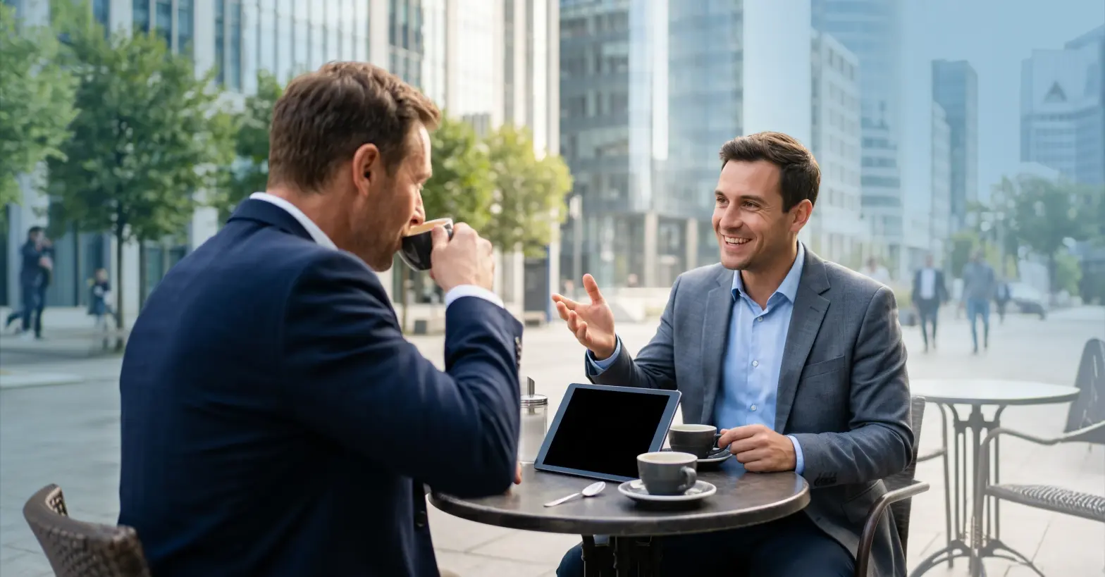 Business professionals discussing a data governance model during a meeting at an outdoor café.