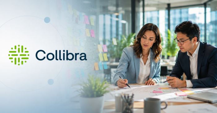 Professionals reviewing plans during a workshop illustrating the four stages of the Collibra lifecycle.