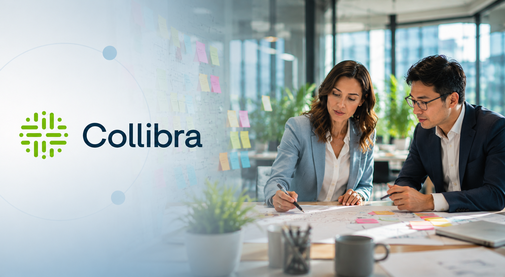 Professionals reviewing plans during a workshop illustrating the four stages of the Collibra lifecycle.