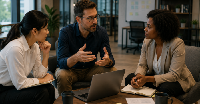 Data governance professionals discussing data lineage requirements for implementing a practical enterprise framework.