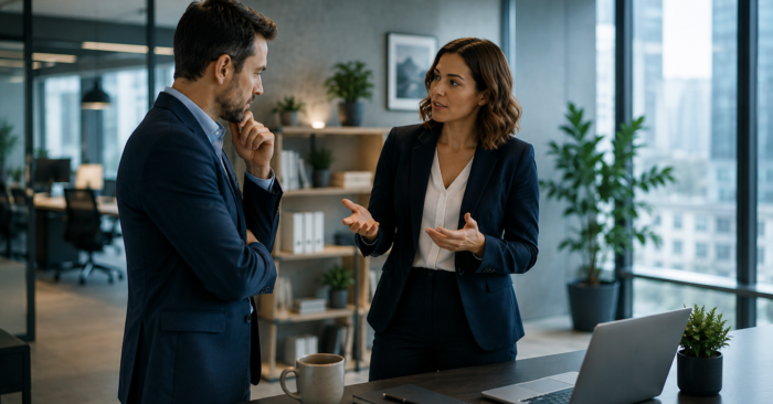Two data professionals discussing data lineage testing to validate that documented lineage reflects real system behavior.