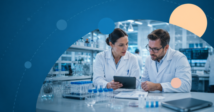 Life-science researchers reviewing searchable data assets enabled by Collibra in a laboratory.