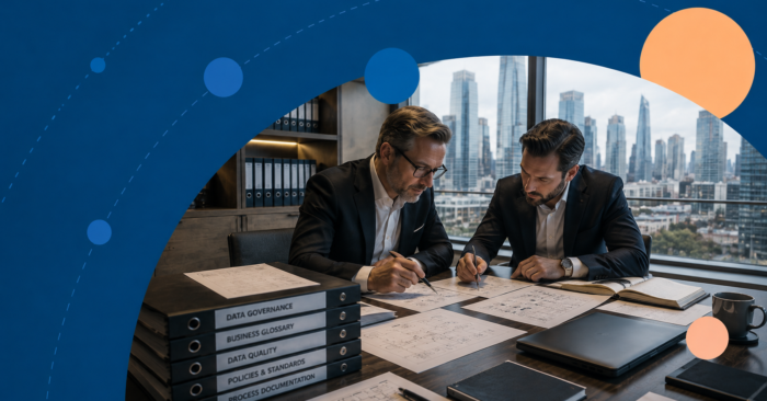 Private bank Collibra data governance case study showing professionals reviewing governance documentation.